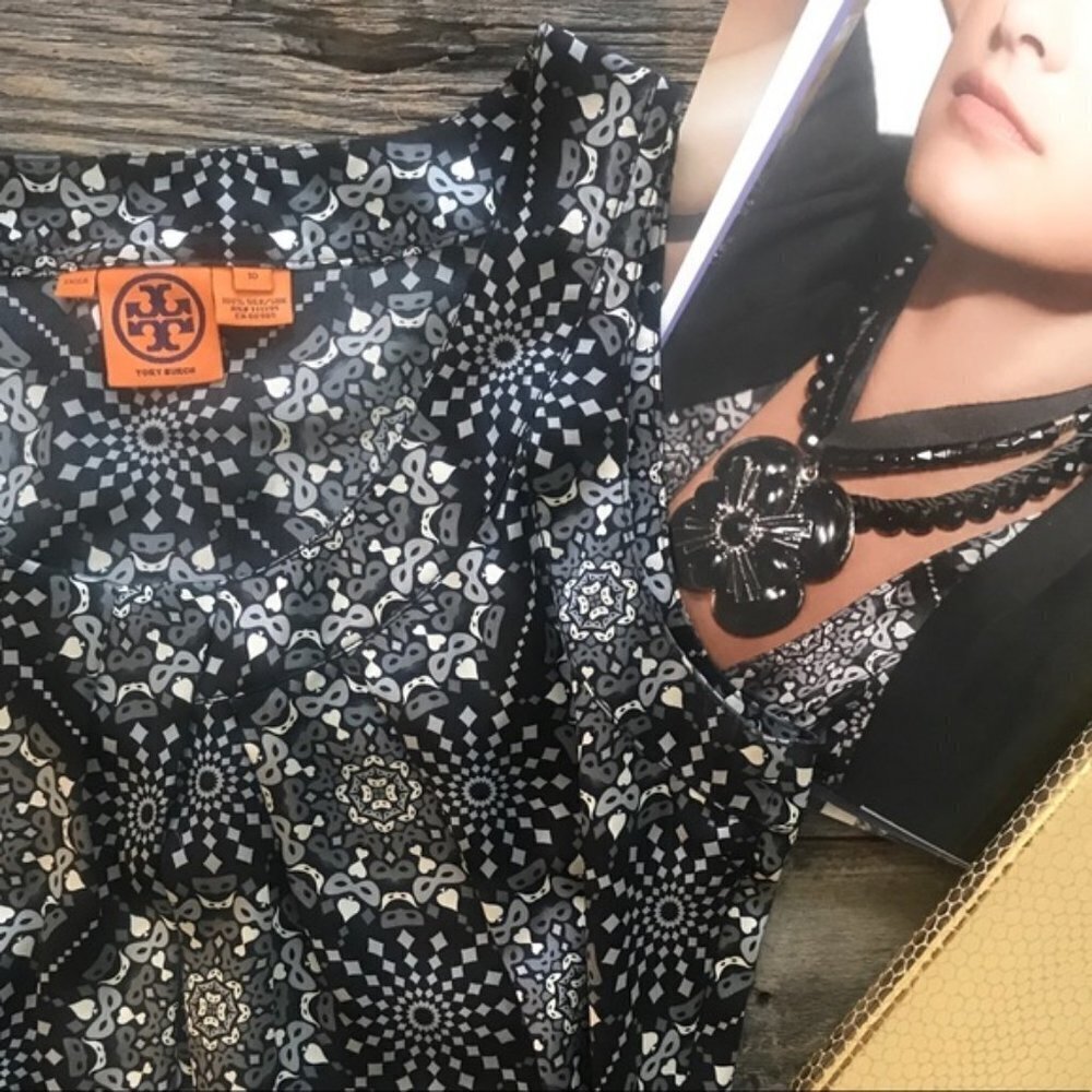 Tory Burch Margaret Silk Blouse Black Mask Size 10